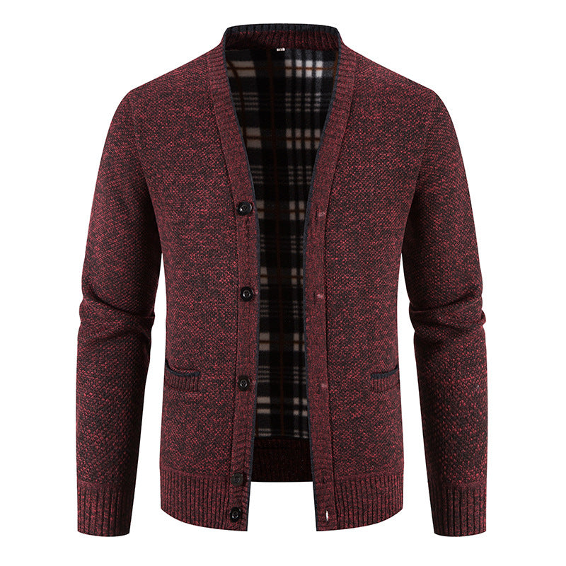 Men's Knitted Cardigan Sweater – Plush V-Neck Long Sleeve Rib Hem