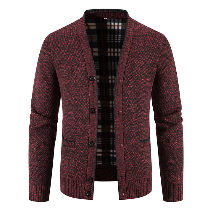 Men's Knitted Cardigan Sweater – Plush V-Neck Long Sleeve Rib Hem