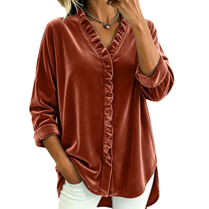 Women's Ruffled V-Neck Long Sleeve Top – Fluid Draped Silhouette