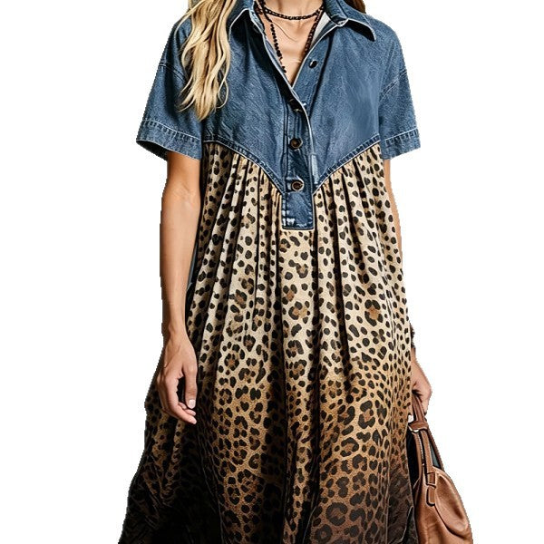 Leopard Patchwork Midi Dress – Women's A-Line Button-Front Cotton