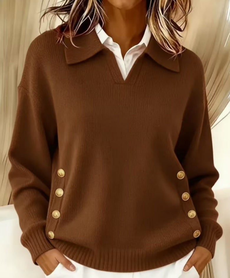 Cotton Pullover Sweater for Women – Turn-Down Collar, Button Trim
