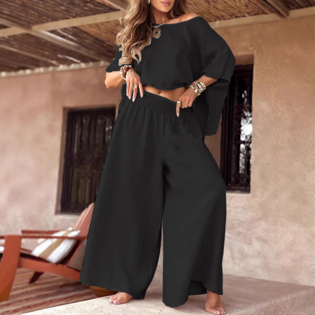 Women's Two Piece Set – Loose Off-Shoulder Round Neck Summer Suit