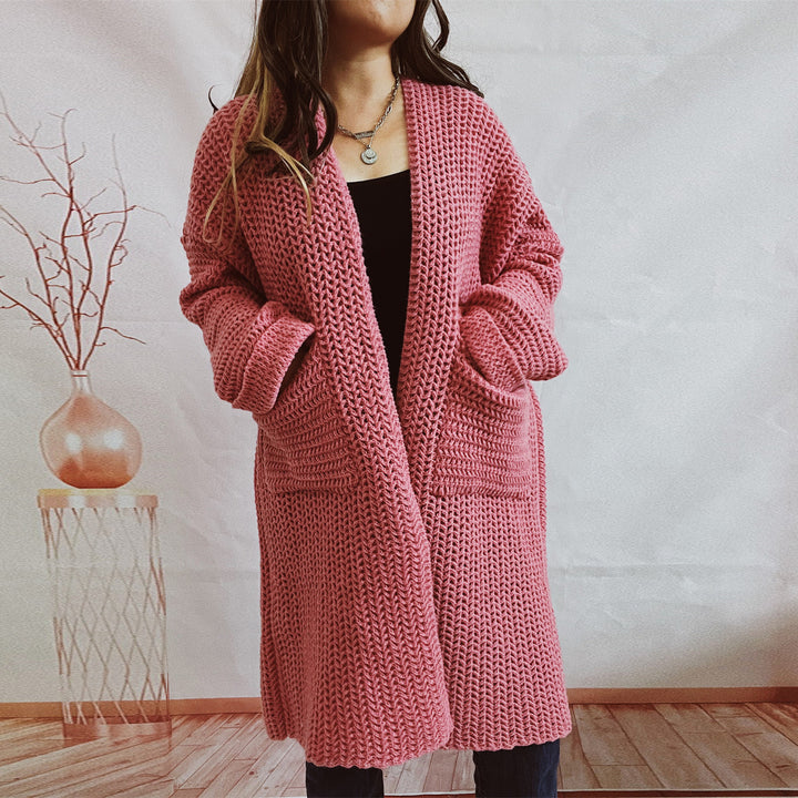 Women's Chunky Knit Cardigan – Loose Fit, Wrap Front, Practical Pockets