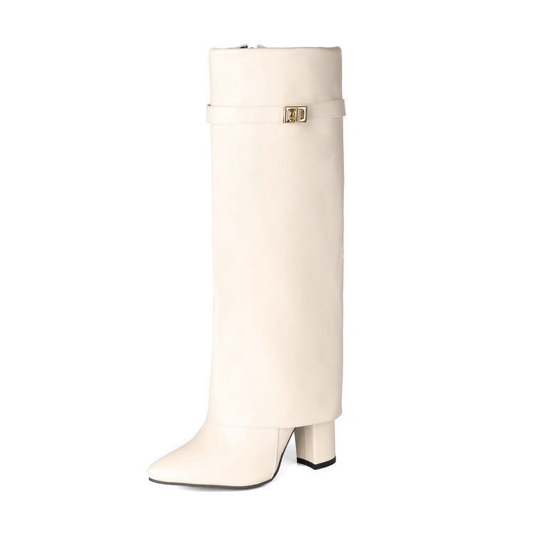 Women's Vegan Leather High Shaft Boot – Pointed Toe, Metal Buckle