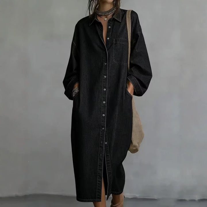 Women's Denim Look Shirt Dress – Loose Fit Single-Breasted Style