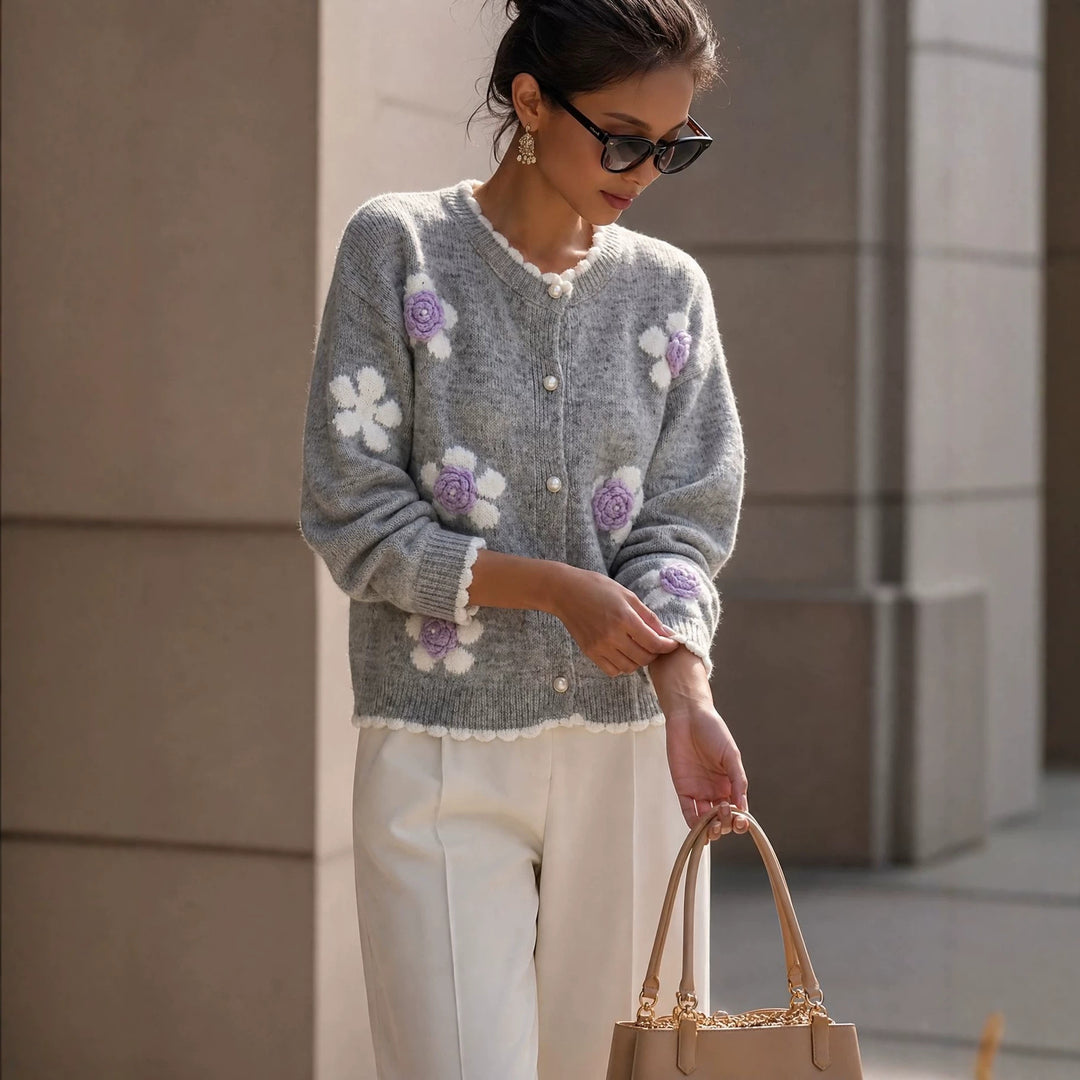 Women's Knit Cardigan – 3D Floral Appliqué and Scalloped Detailing