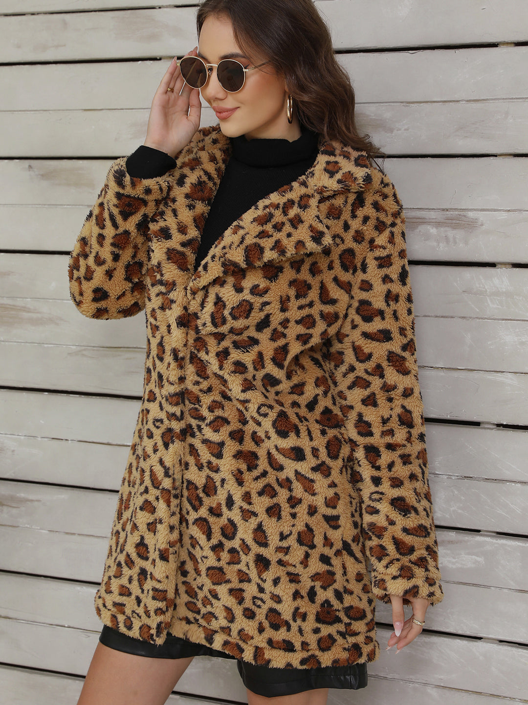 Women's Leopard Patchwork Longline Jacket – Plush Relaxed Fit Coat