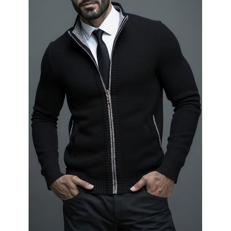 Men's Knitted Cardigan – Stand Collar & Zip-Front Design