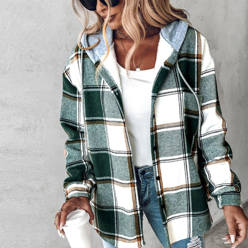 Plaid Hooded Jacket for Women – Button Front, Casual Cotton Blend