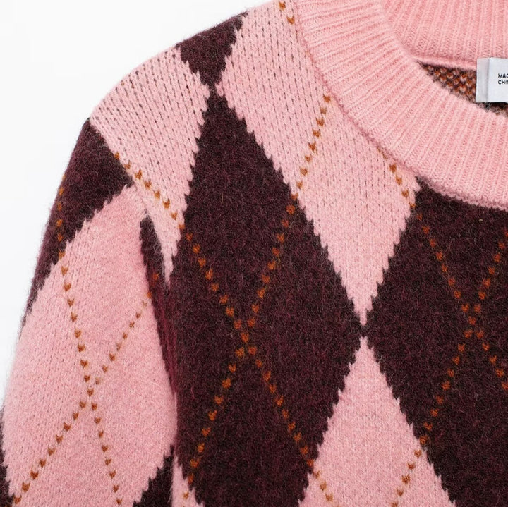 Diamond Jacquard Knit Coat for Women – Relaxed Layered Street Style