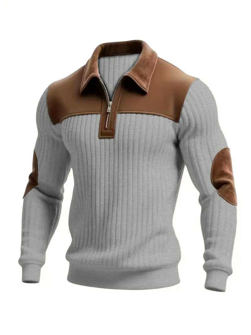 Men's Knit Pullover Sweater – Notched Collar Patchwork, Embroidered Zip
