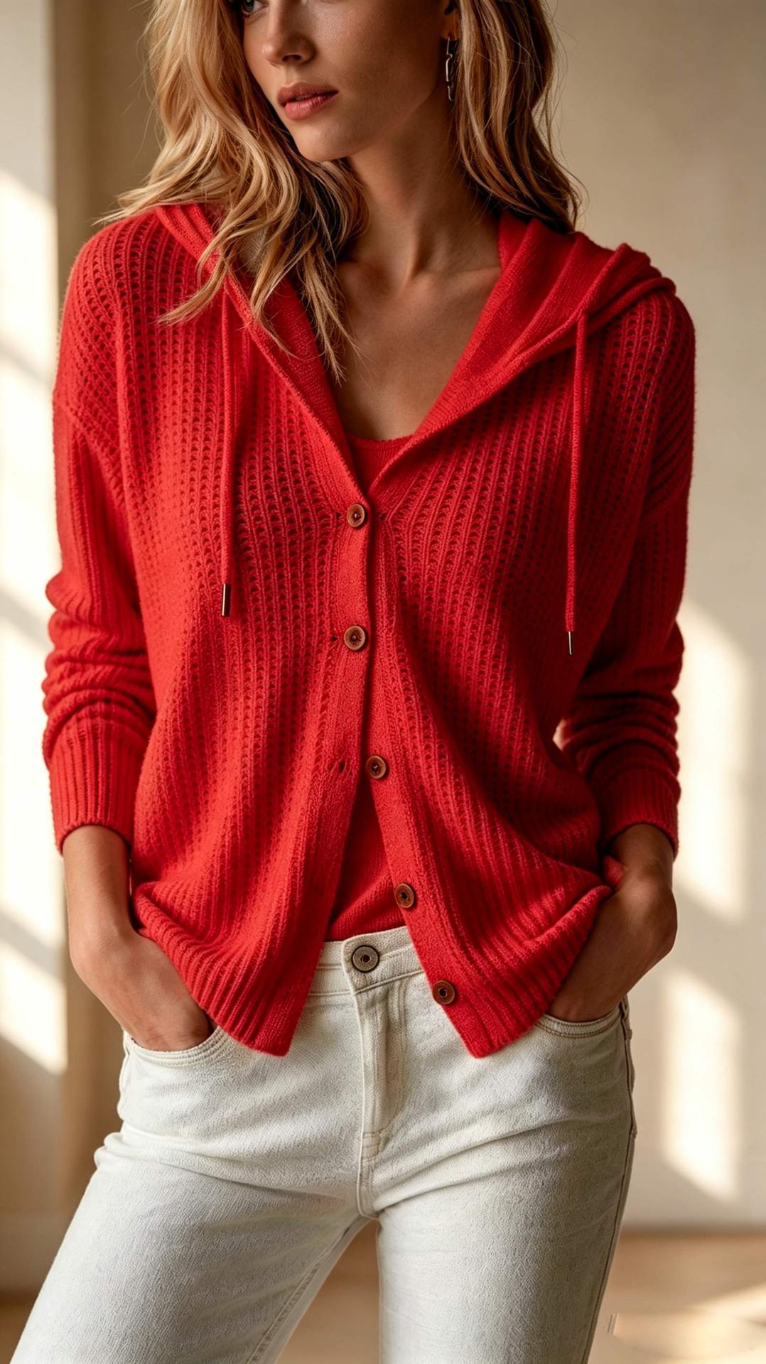 Women's Knit Button Cardigan Hoodie – Drawstring Hood & Classic Comfort