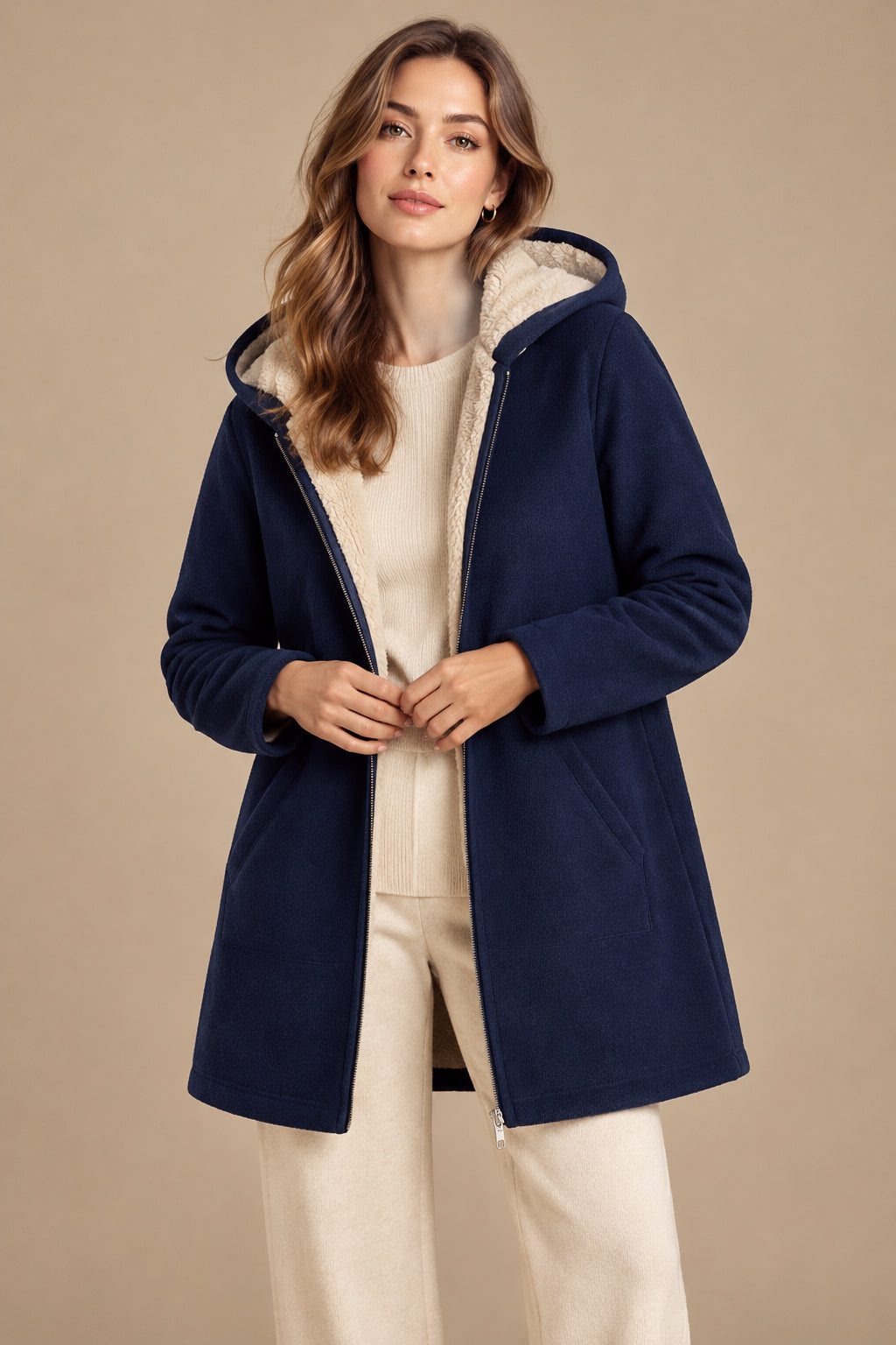 Women's Fleece Lined Mid Length Hooded Coat – Plush Layered Warmth