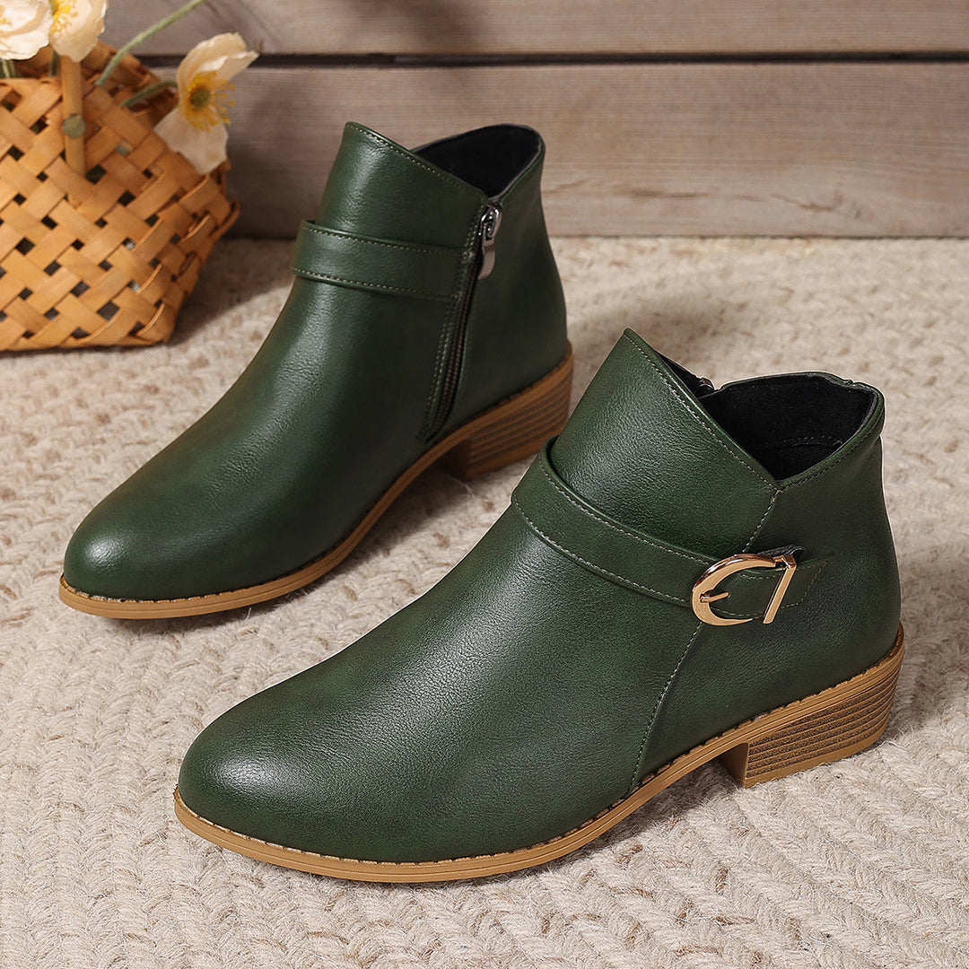 Women's Block Heel Ankle Boot – Buckle Strap Cotton Lined Leather