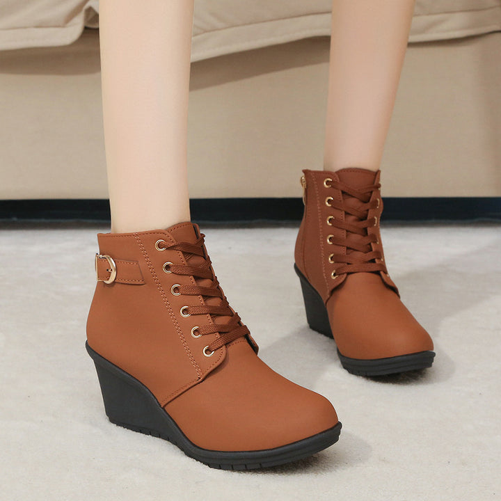 Women's Wedge Heel Ankle Boot with Buckle & Side Zip – Suede Look