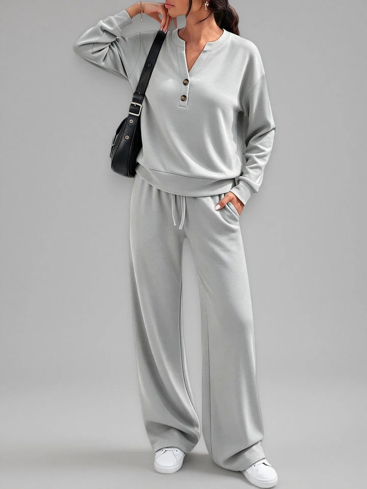 Women's Lounge Set – Soft Stretch Long Sleeve Top & Wide Leg Pants