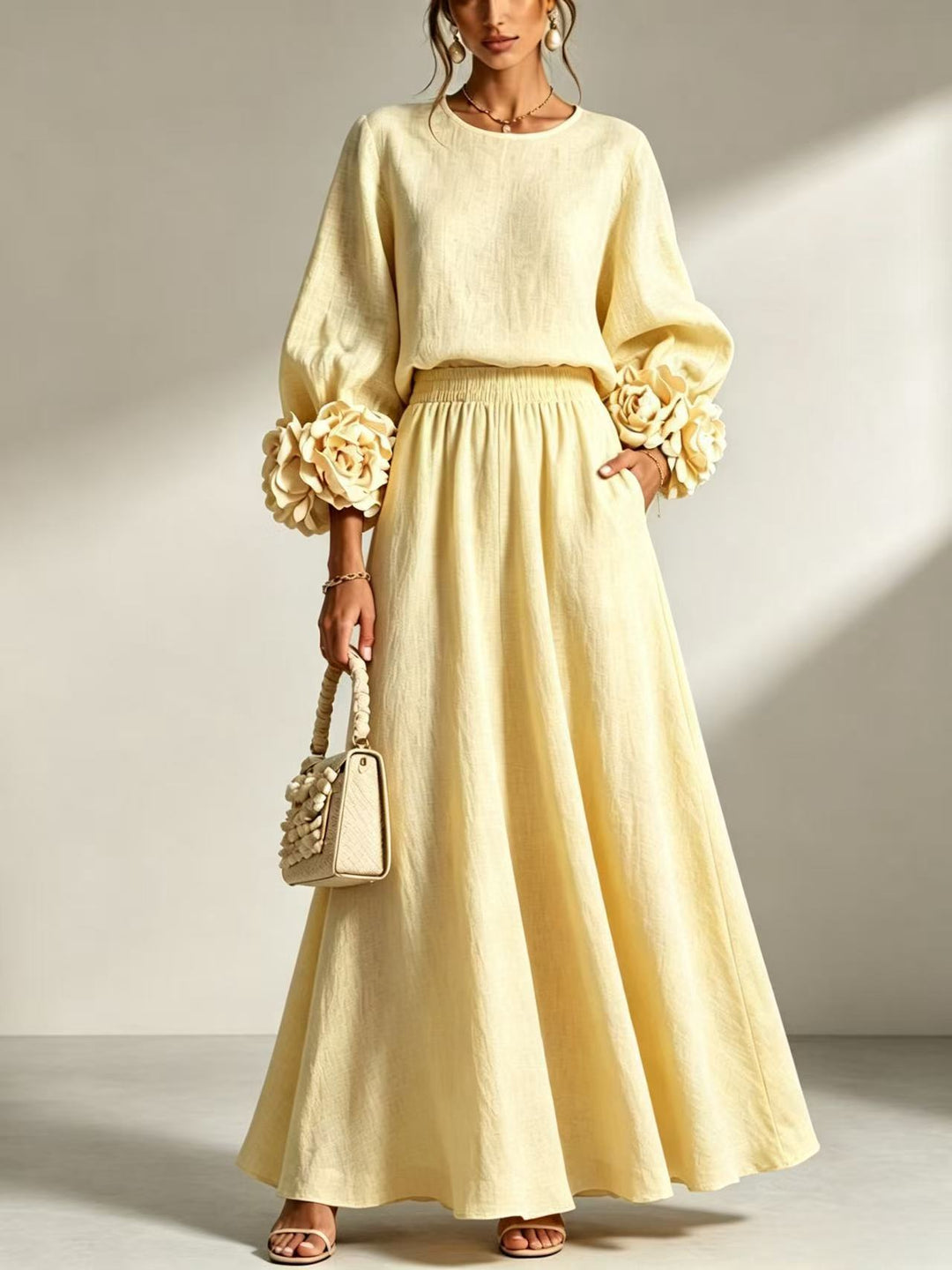 Women's Rose Puff-Sleeve A-Line Skirt Set – Dimensional Floral Detail
