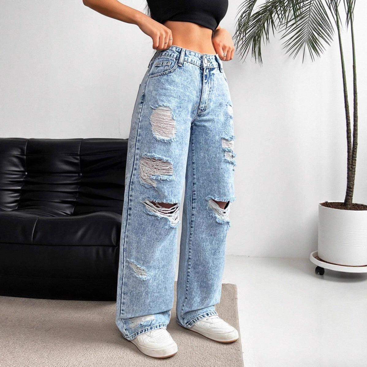 Women's High Waist Straight Leg Jeans – Distressed Wide Leg Fit