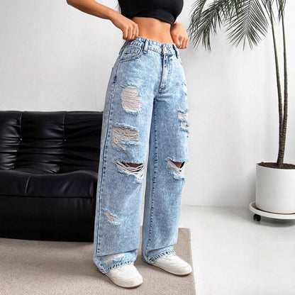 Women's High Waist Straight Leg Jeans – Distressed Wide Leg Fit