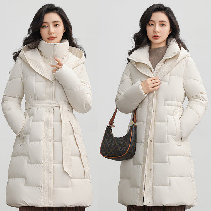 Women's Hooded Down Cotton Coat with Adjustable Waist