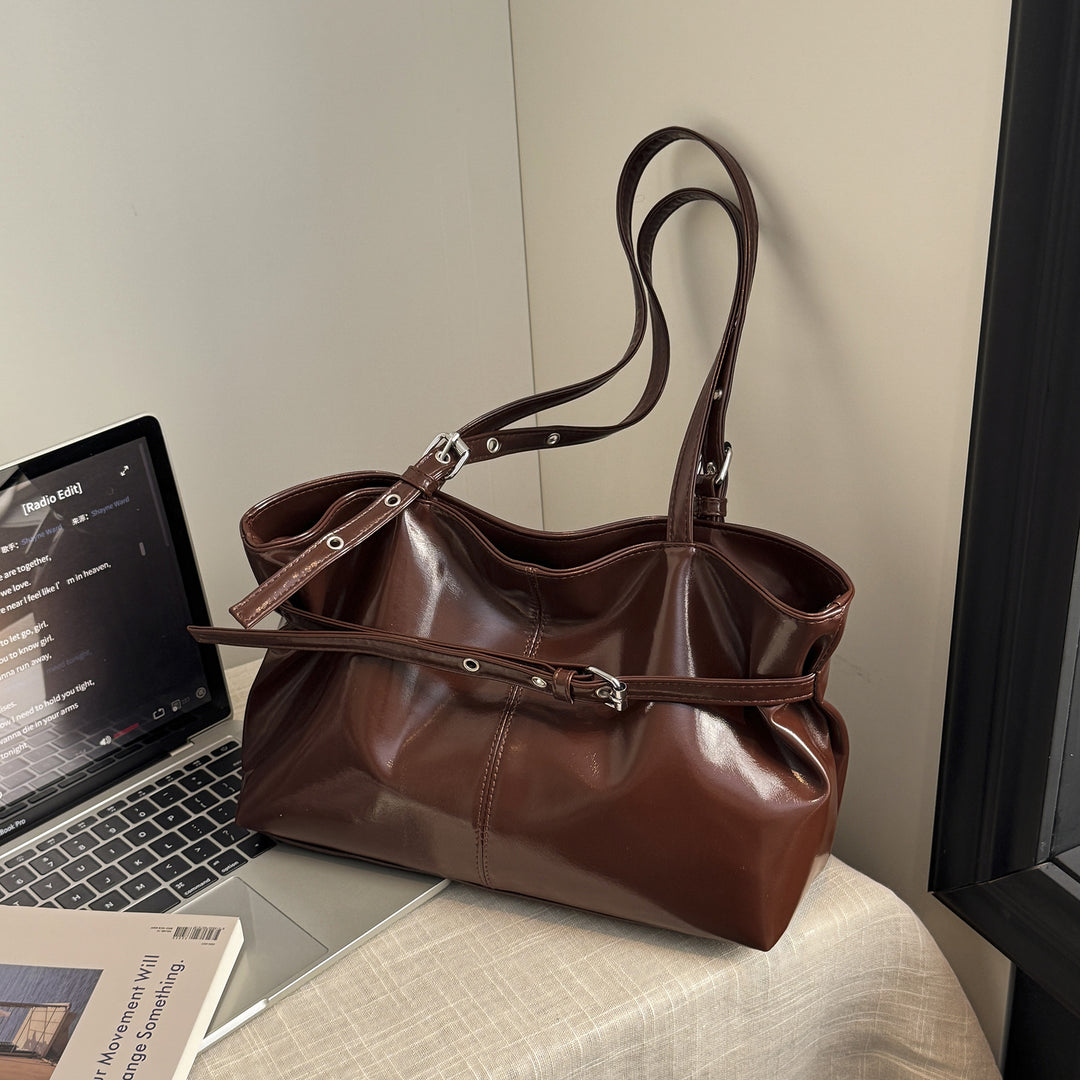 Women's Structured Leather Handbag with Buckle and Double Straps