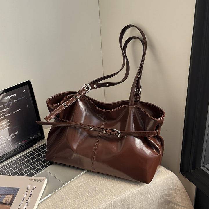 Women's Structured Leather Handbag with Buckle and Double Straps