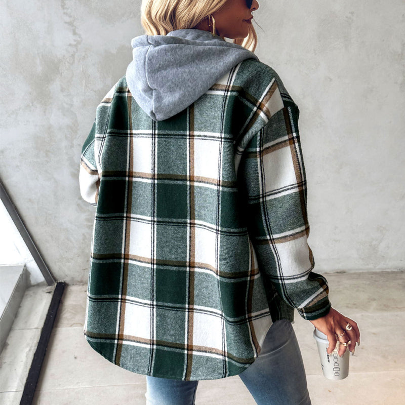 Plaid Hooded Jacket for Women – Button Front, Casual Cotton Blend