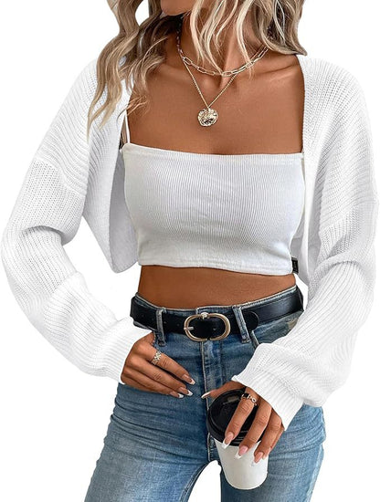 Cropped Knit Cardigan for Women – Open Shawl Front, Relaxed Fit