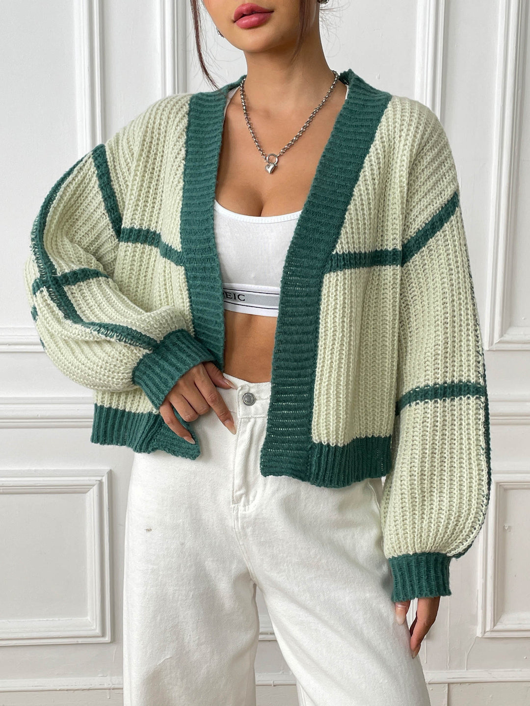 Women's Patchwork Sweater – Color Contrast Lantern Sleeve Pullover