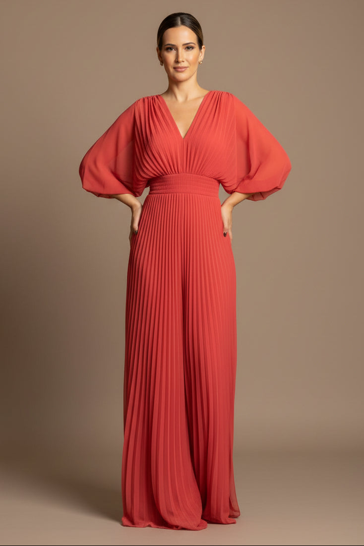 A-Line Maxi Dress in Easy-Care Fabric – V-Neck, Batwing Sleeve