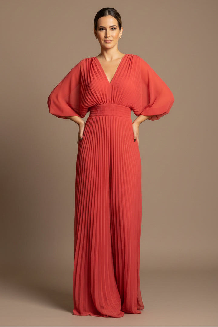 A-Line Maxi Dress in Easy-Care Fabric – V-Neck, Batwing Sleeve