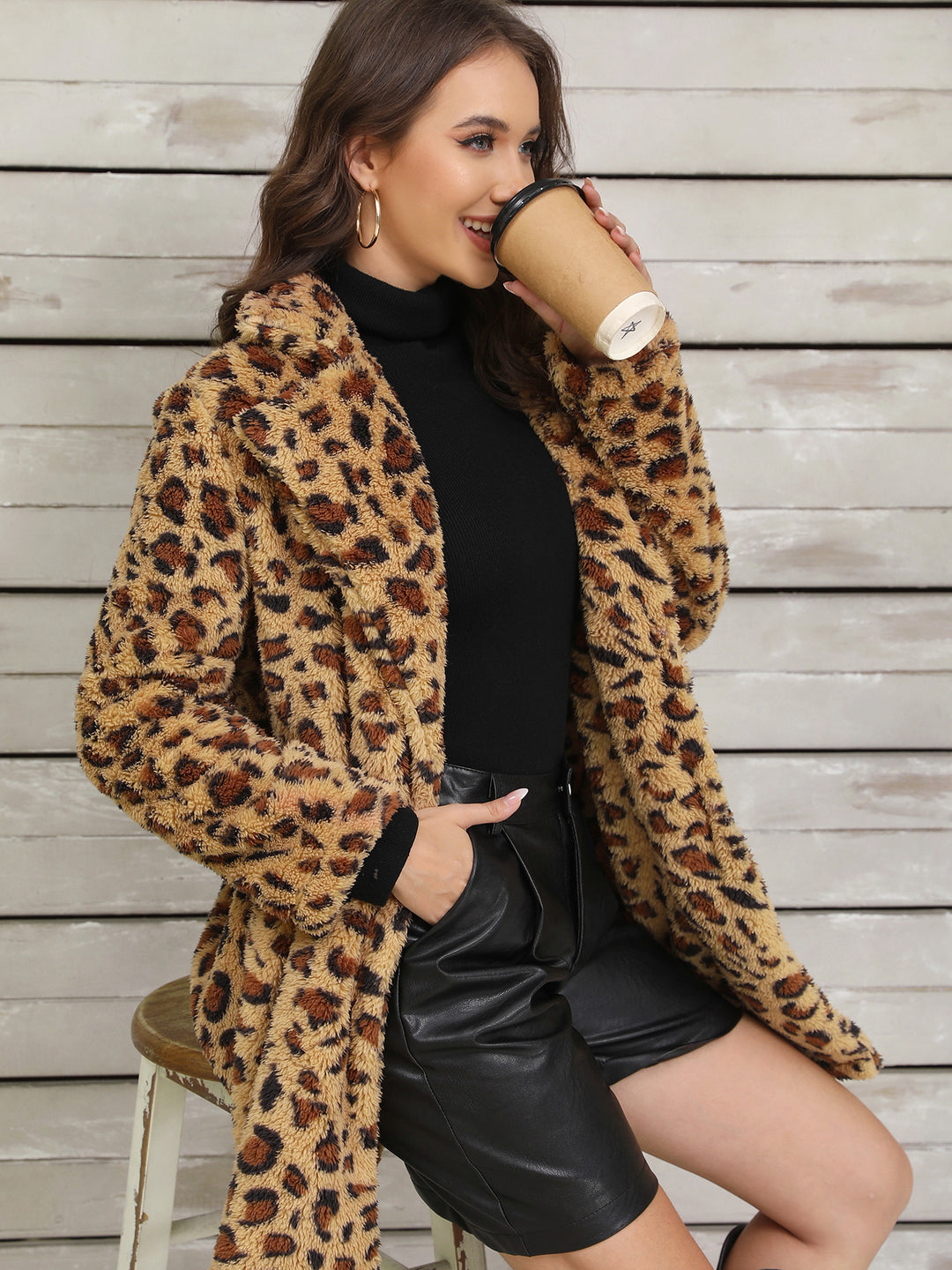 Women's Leopard Patchwork Longline Jacket – Plush Relaxed Fit Coat