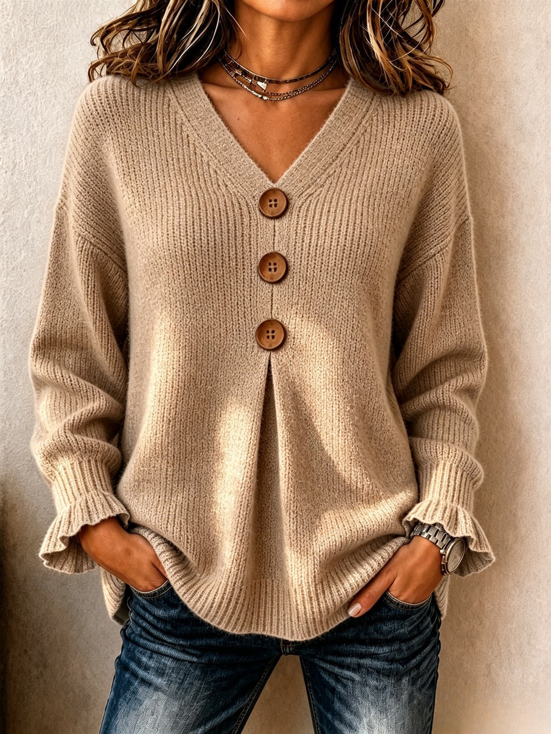Women's Lace-Trim A-Line Sweater – Ruffle Long Sleeve Knit