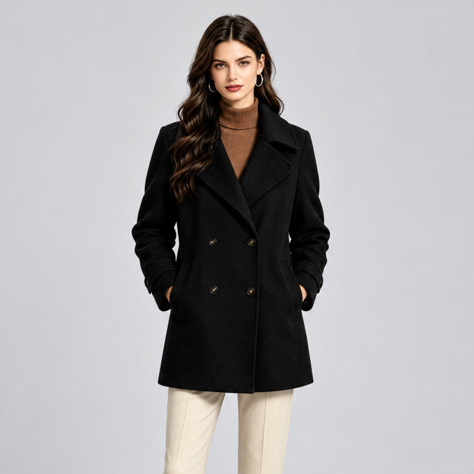 Tailored Women's Coat – Wool Blend, Mid-Length, Structured Lapel, Button Front