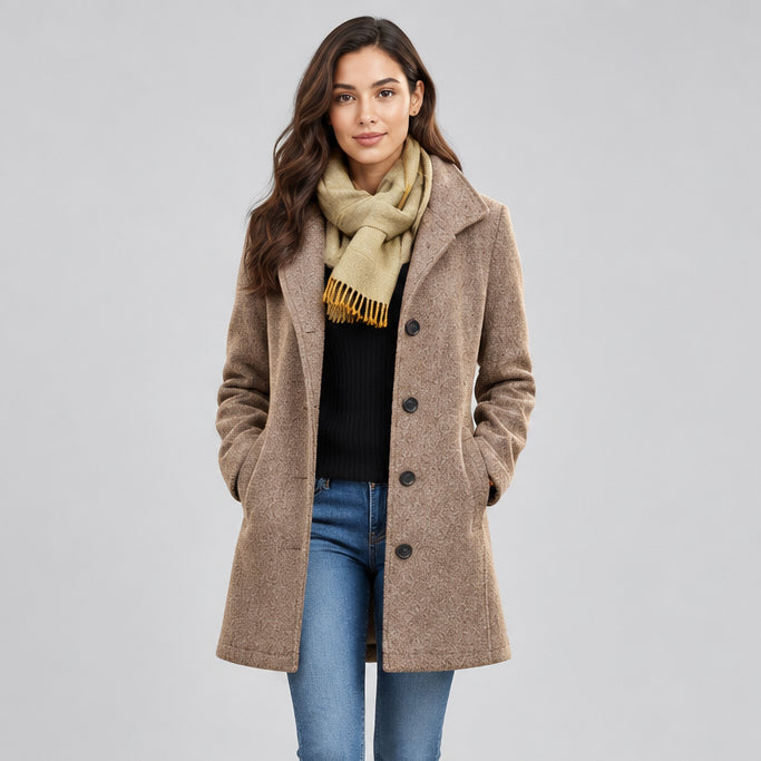 Women's Woolen Midi Coat – Slim Suit Collar and Long Sleeves