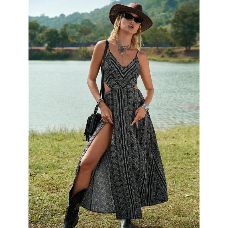 Women's Slip Dress – Floral Print Backless Strappy with Slit Detail