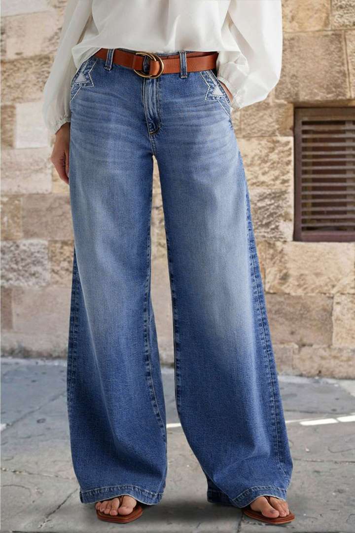 Women's Denim Straight-Leg Trouser – High Waist Embroidered Detail