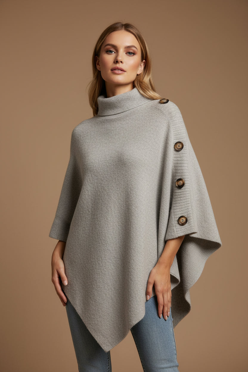 Women's Turtleneck Cape Sweater – Knit Cloak with Button Detail