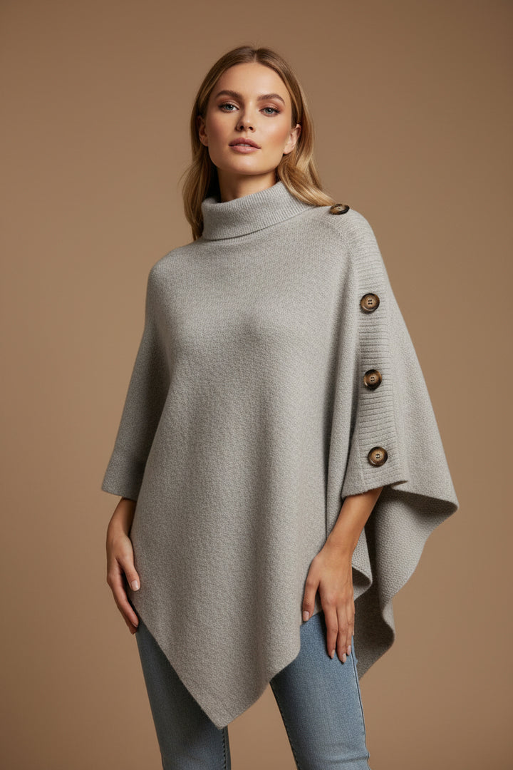 Women's Turtleneck Cape Sweater – Knit Cloak with Button Detail
