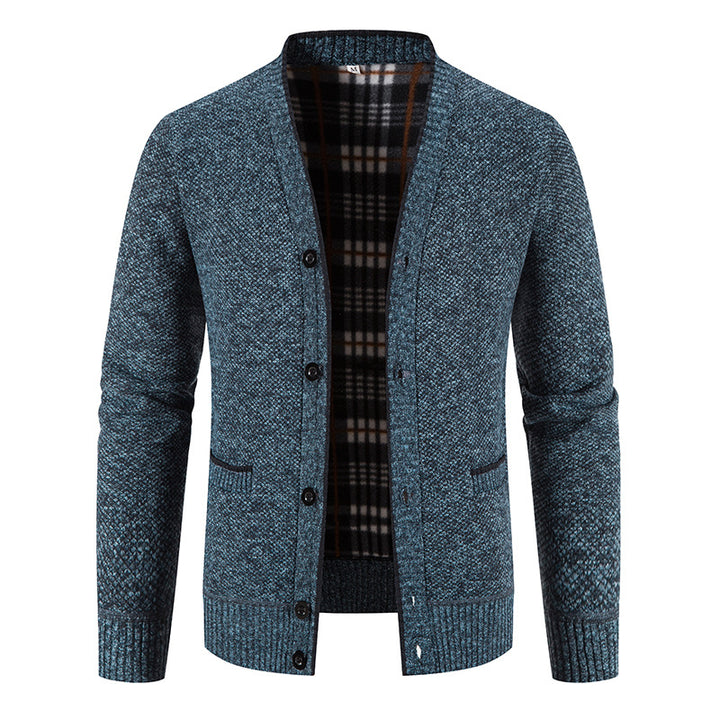 Men's Knitted Cardigan Sweater – Plush V-Neck Long Sleeve Rib Hem
