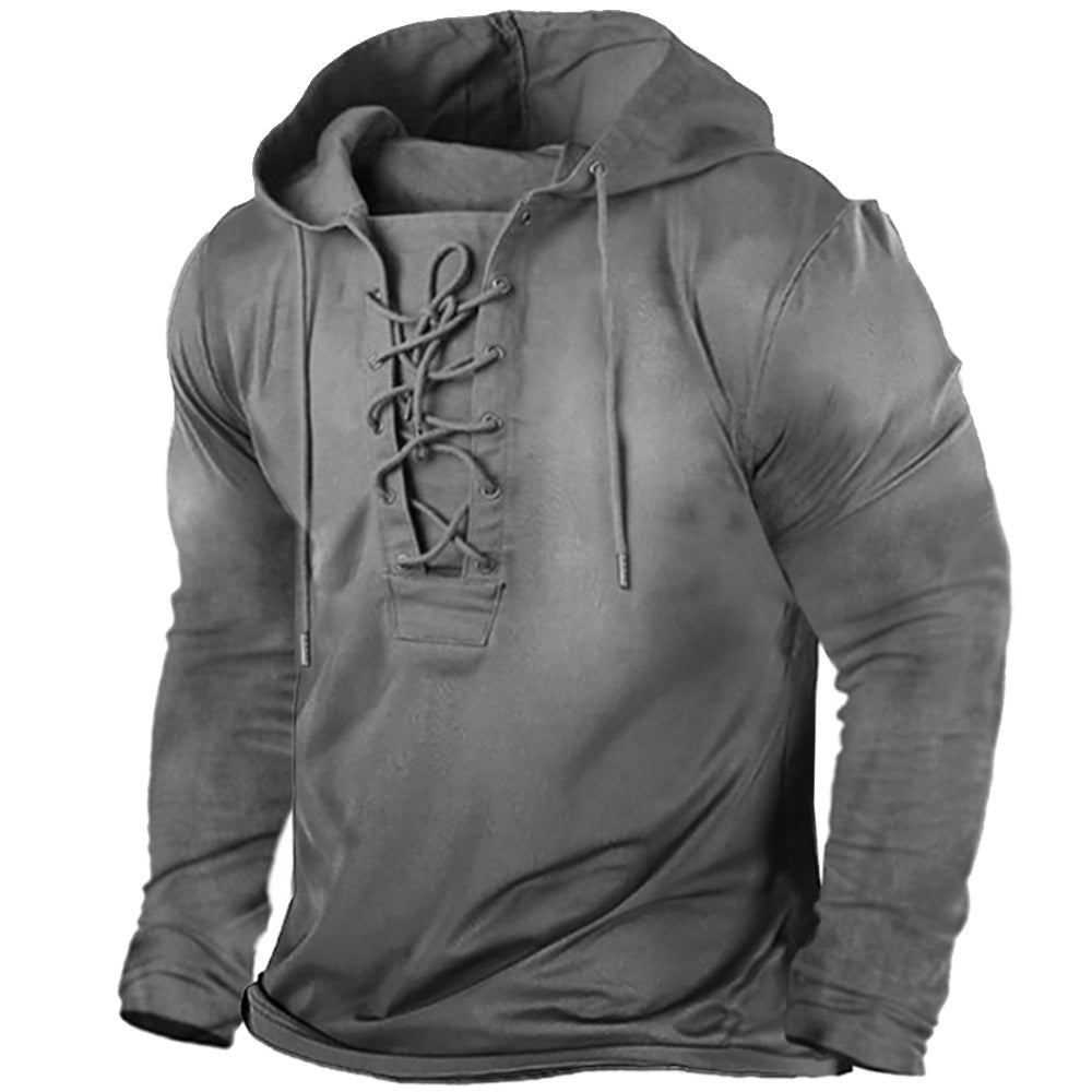 Men's Lace-Up Hooded T-Shirt – Soft Stretch Long Sleeve Top
