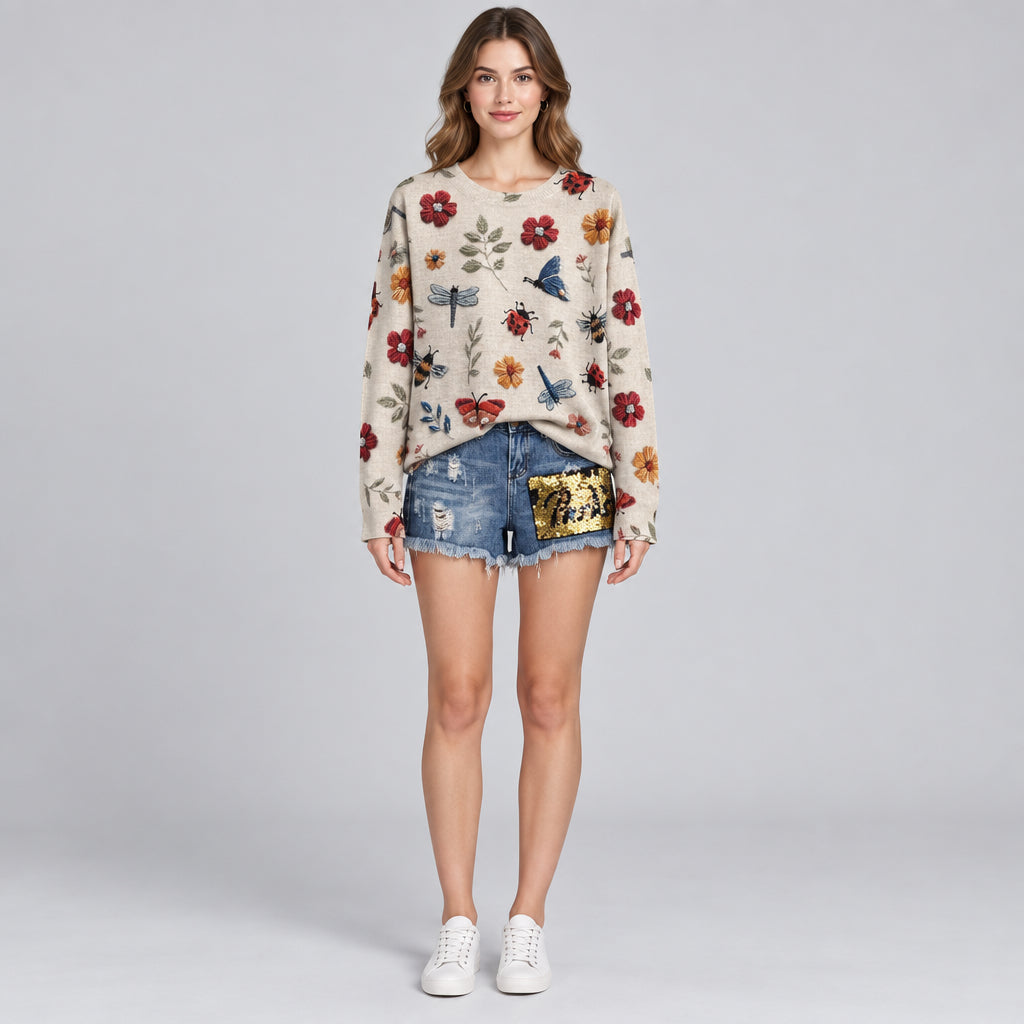 Women's 3D Sweater – Textured Ribbed Knit, Loose Fit Pullover