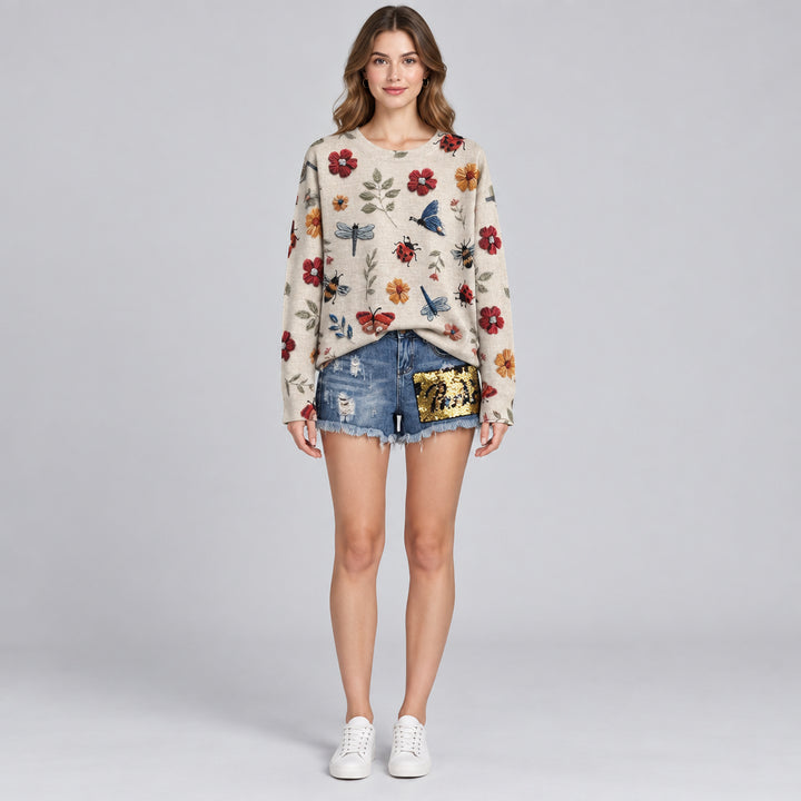 Women's 3D Sweater – Textured Ribbed Knit, Loose Fit Pullover