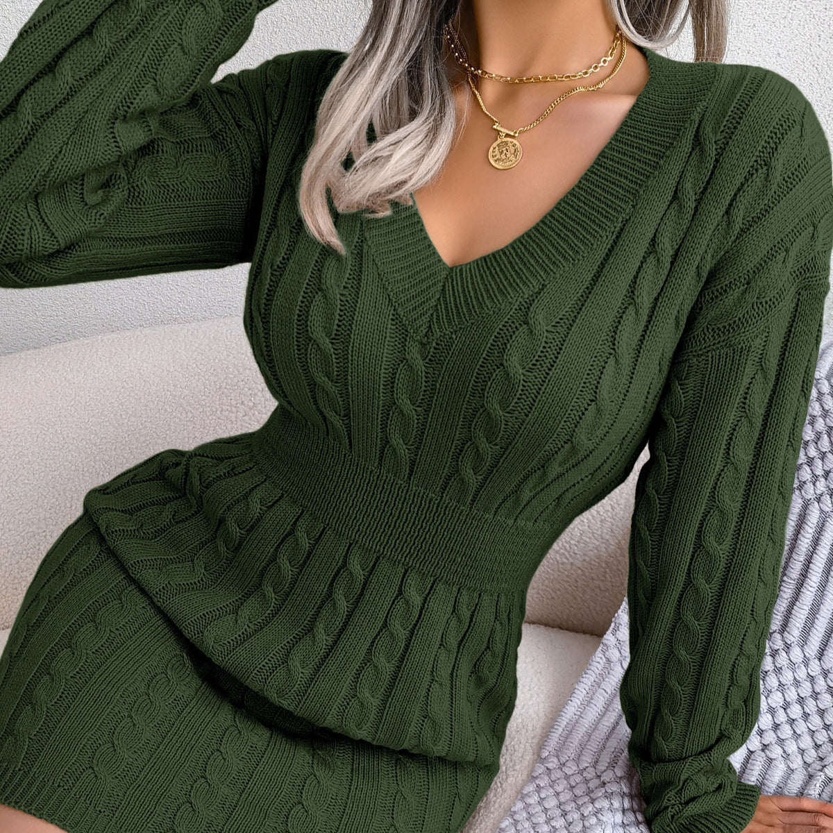 Mini Dress – Sheath, V-Neck, High Waist, Lantern Sleeve
