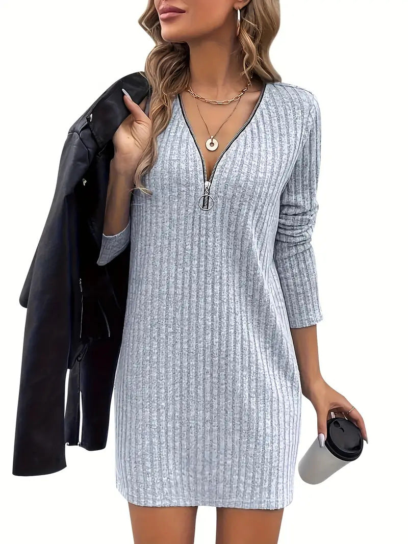 Women's V-Neck Zip Casual Midi Dress – Relaxed Textured Fit