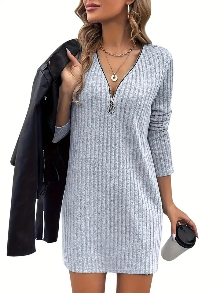 Women's V-Neck Zip Casual Midi Dress – Relaxed Textured Fit