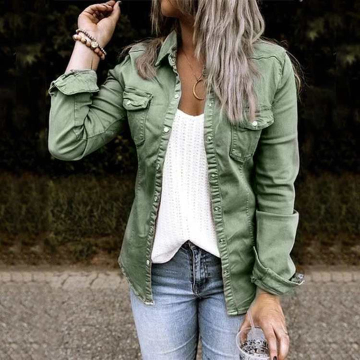 Women's Denim Shirt Jacket – Mid-Length Slim Fit with Ripped Detail