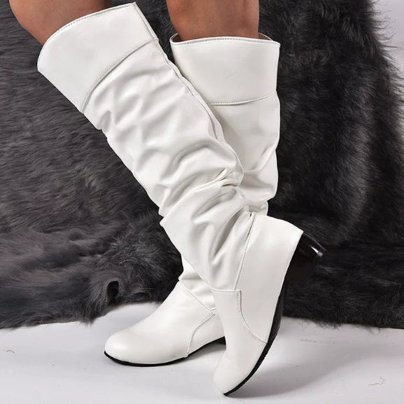 Women's Knee-High Flat Boot – Chunky Low Heel, Relaxed Shaft