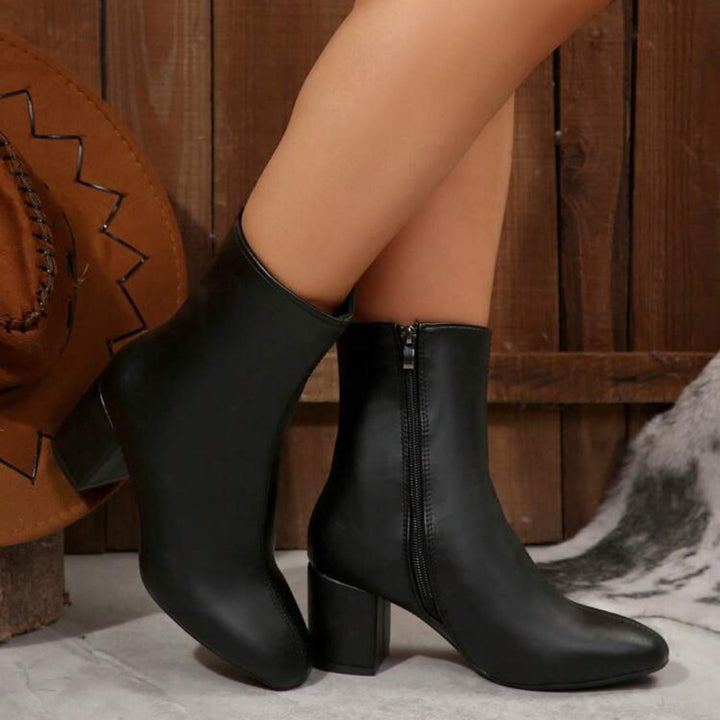 Women's Chunky Heel Boot – Vegan Leather Square Toe Ankle Boot with Zip