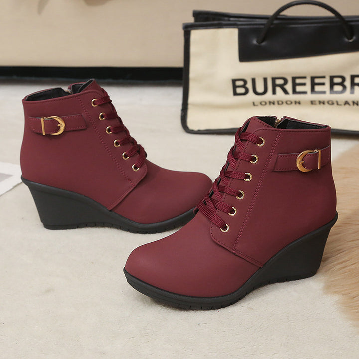 Women's Wedge Heel Ankle Boot with Buckle & Side Zip – Suede Look